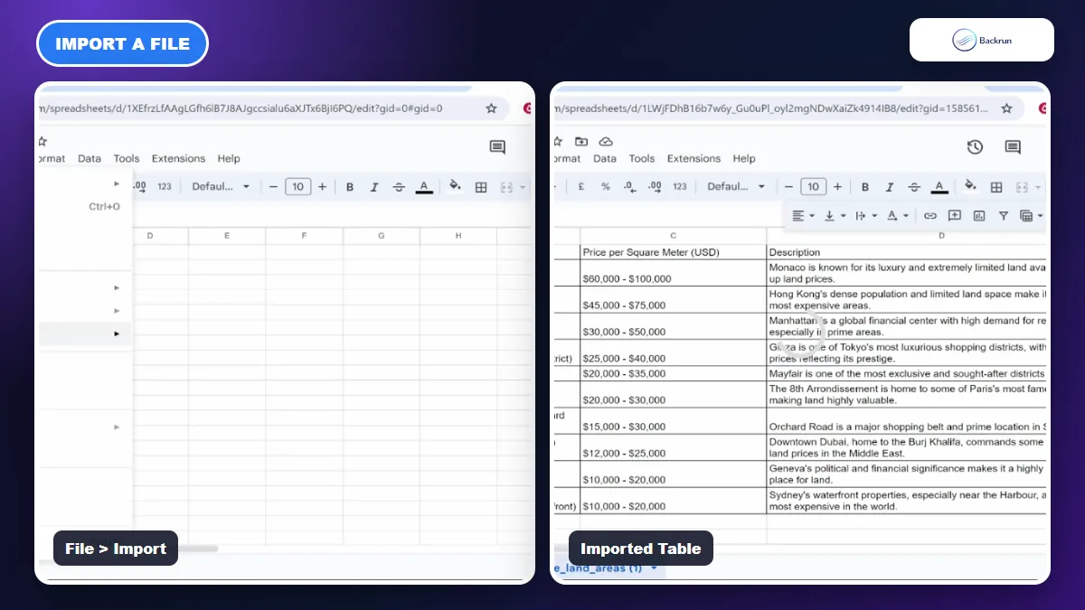 Google Sheets File Import menu and the completed imported table