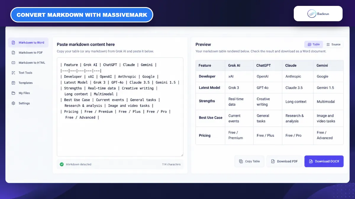 How to copy table from Grok AI to Word using MassiveMark