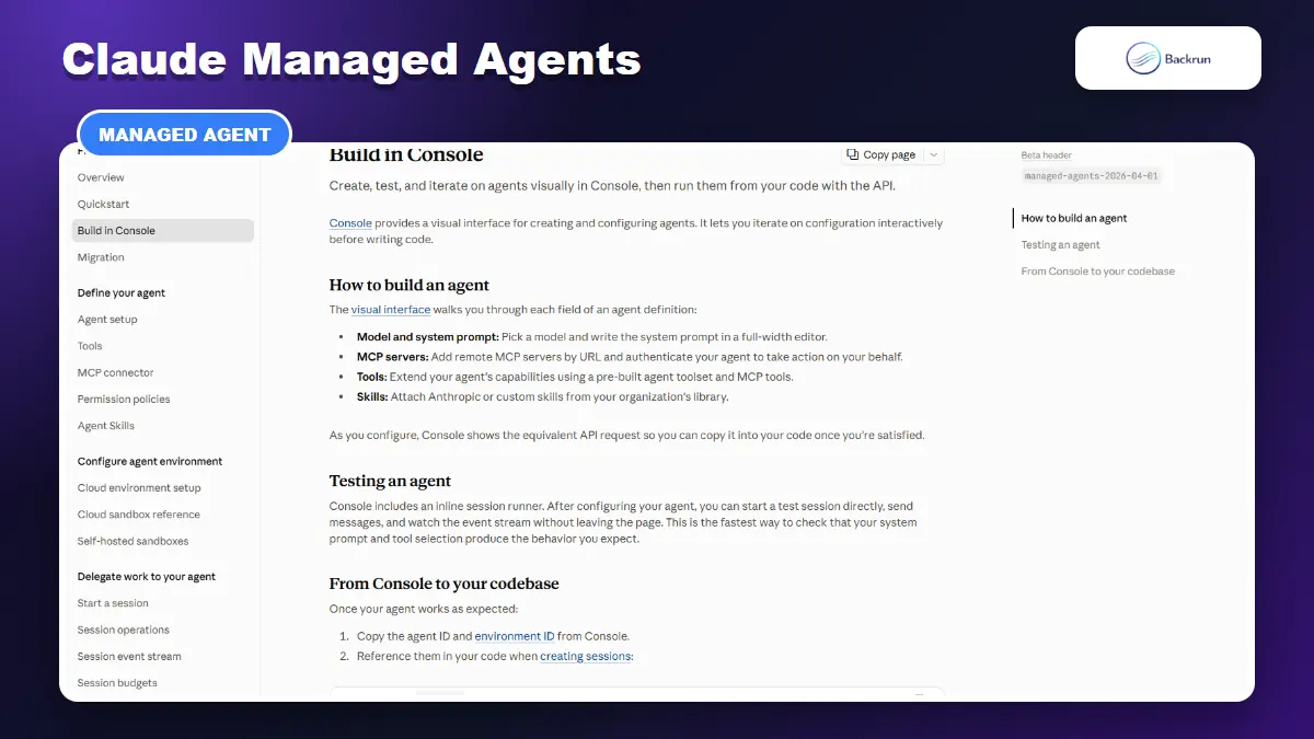 Claude Platform Build in Console guide for creating and testing a managed agent
