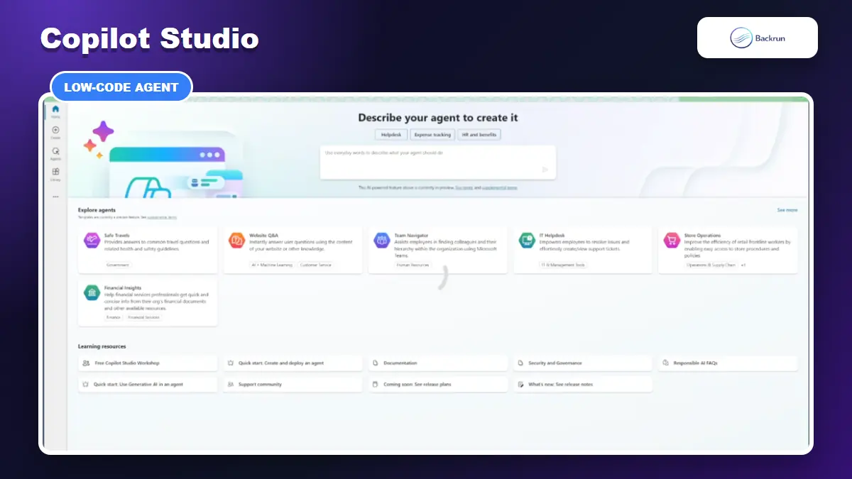 Copilot Studio screen for describing and creating a new AI agent