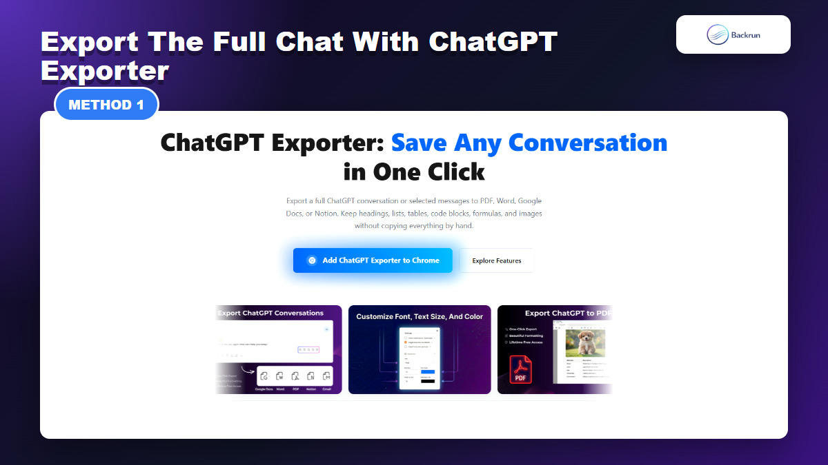 Backrun ChatGPT Exporter page showing Word Google Docs PDF and Notion export support