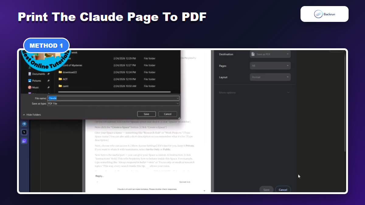 Claude chat browser print preview with Save as PDF selected