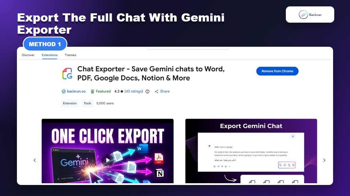 Chrome Web Store page for Backrun Gemini Exporter with Word PDF Google Docs and Notion export options