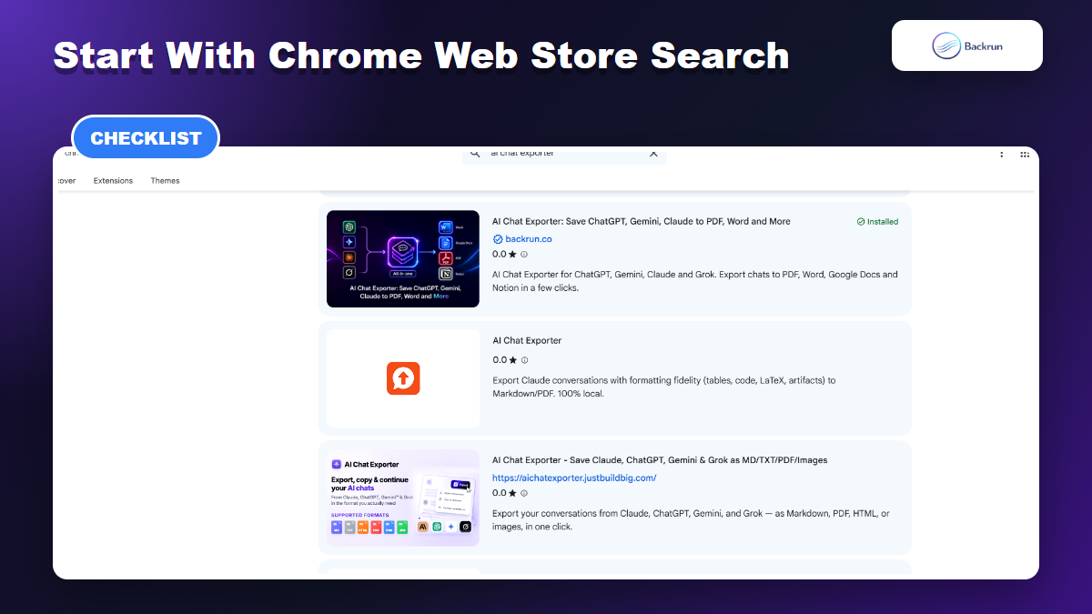 Chrome Web Store search results for AI chat exporter extensions
