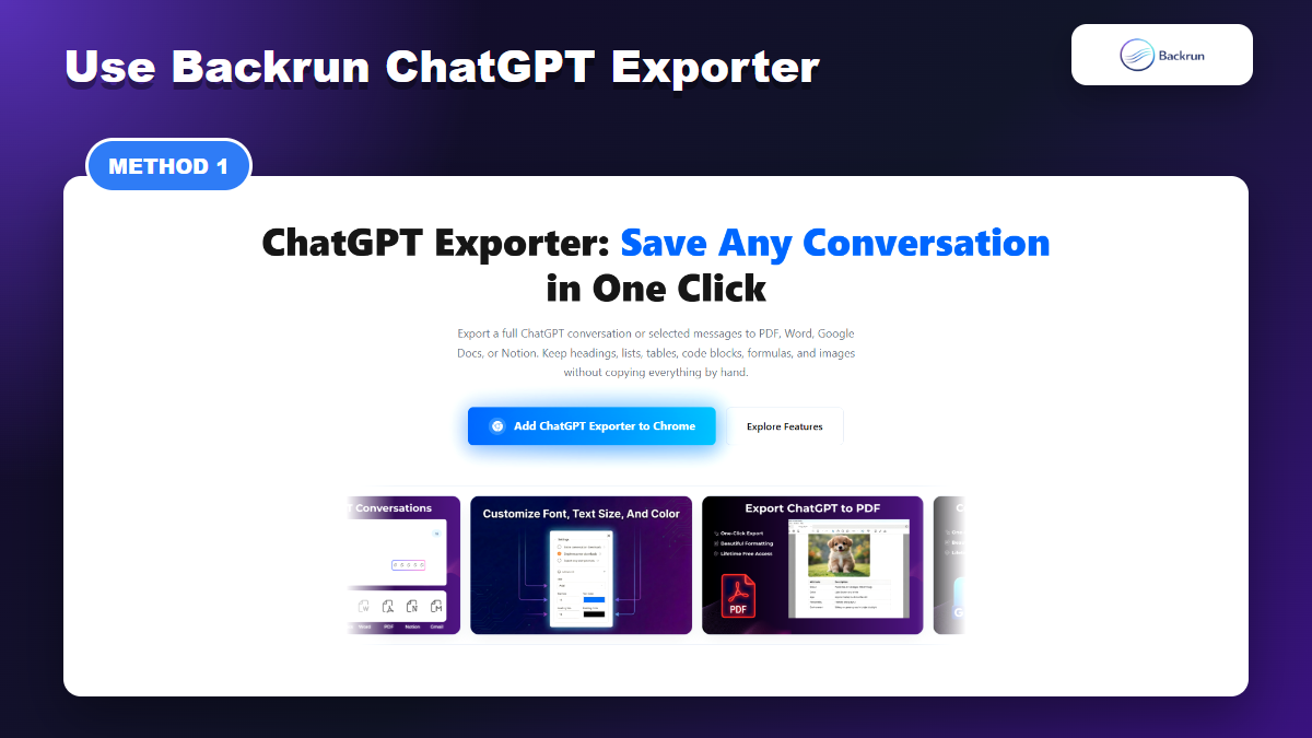 Backrun ChatGPT Exporter page showing export support for ChatGPT conversations