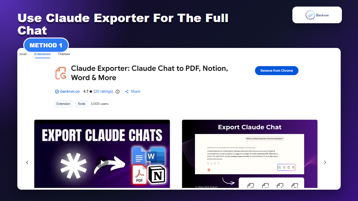 Chrome Web Store page for Claude Exporter by Backrun
