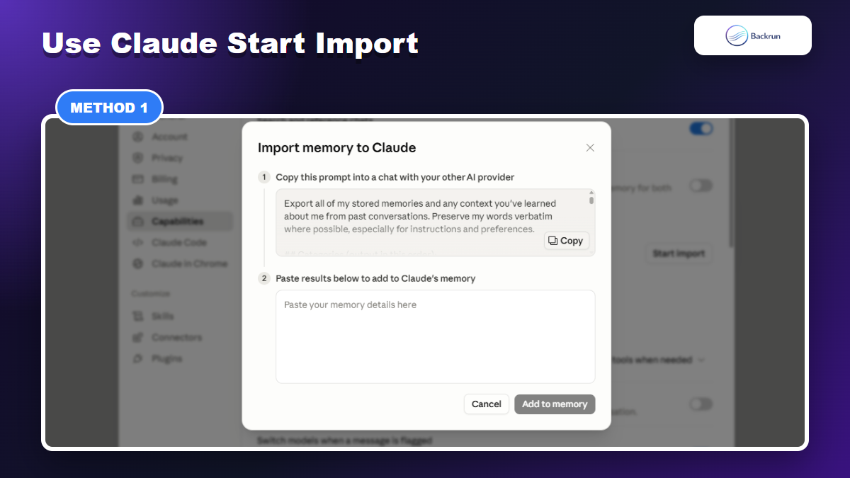 Claude Import memory modal showing the prompt and paste field for adding memory
