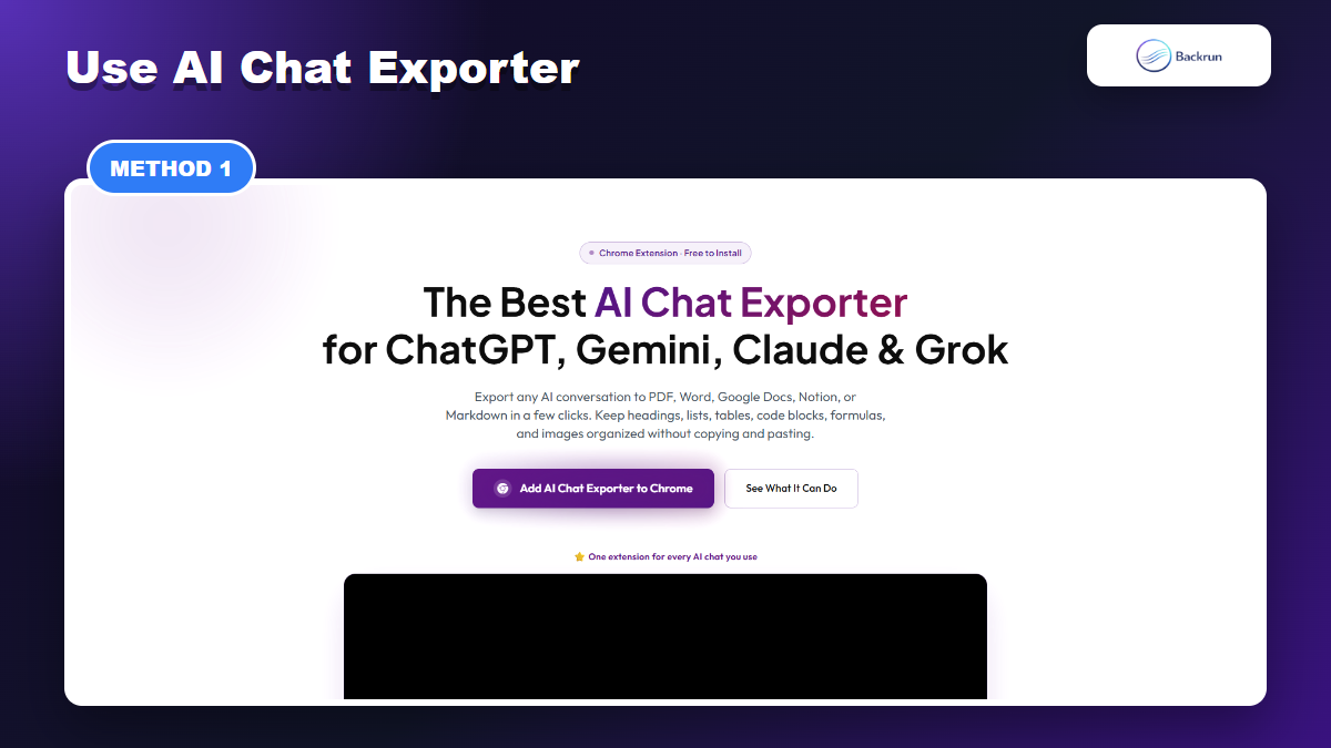 AI Chat Exporter page showing support for Grok and Markdown export