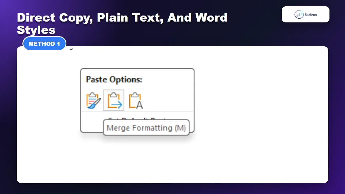 Word paste options menu showing Merge Formatting after copying text into Word