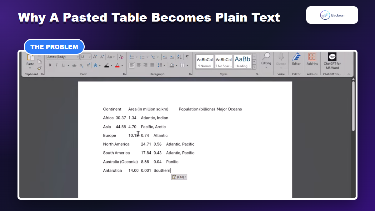 ChatGPT table pasted into Word as aligned text without borders