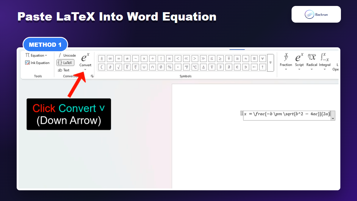 Microsoft Word Equation tab converting Gemini LaTeX into professional math