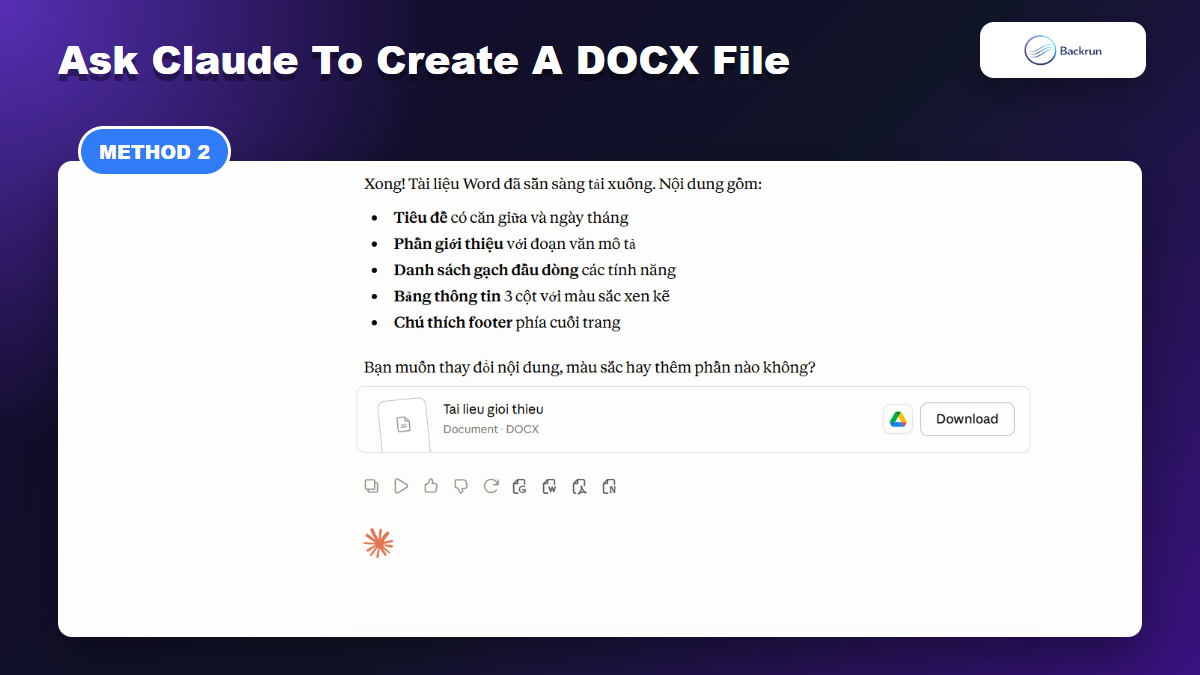 Claude generated Word document card with download and Drive buttons