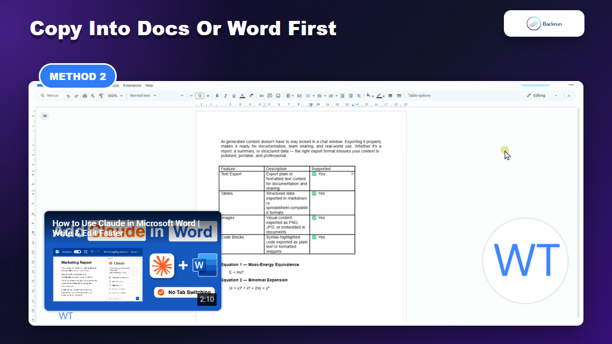 Claude content placed into a document editor before PDF export