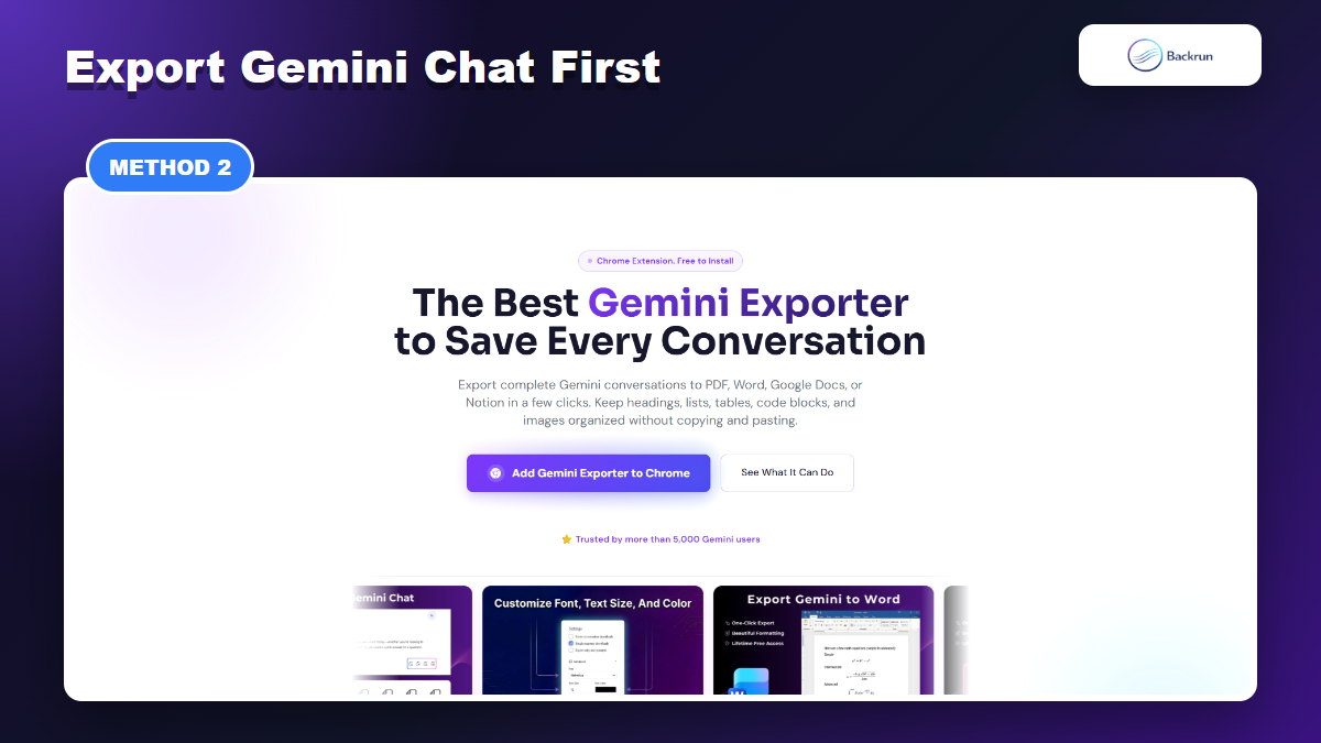 Backrun Gemini Exporter page showing options to export full Gemini conversations