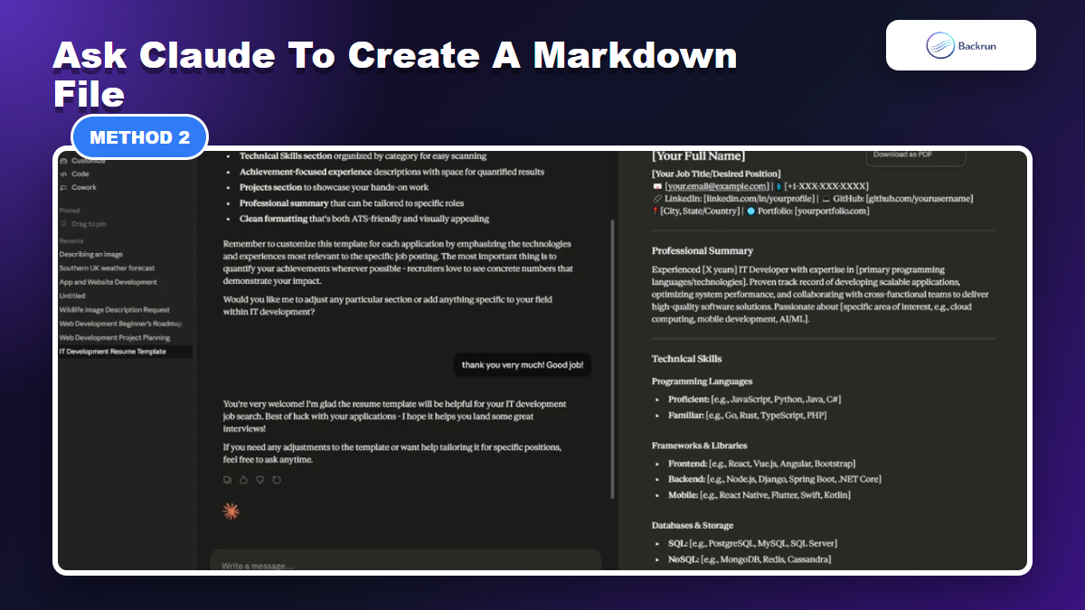 Claude interface showing a document with Download as Markdown option