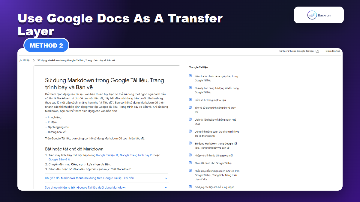 Google Docs Help page showing Markdown copy and export options for cleaner transfer