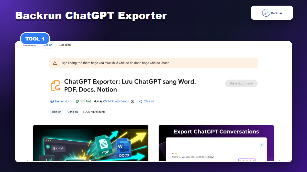 Chrome Web Store listing for Backrun ChatGPT Exporter with Word PDF Docs and Notion support