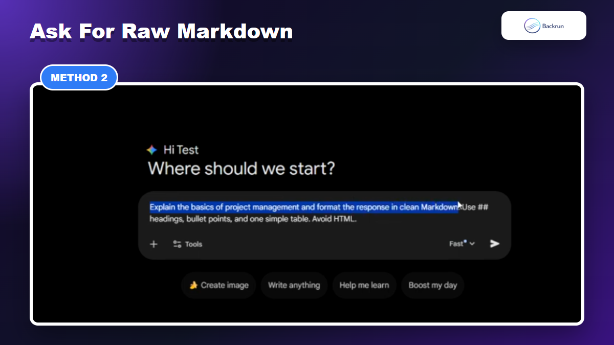 Gemini interface showing a prompt asking for a response formatted in clean Markdown