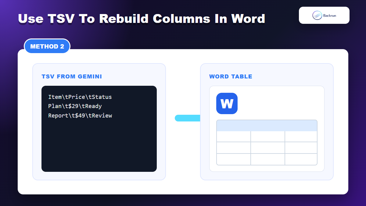 Backrun mockup showing tab separated Gemini table data converted into a Word table