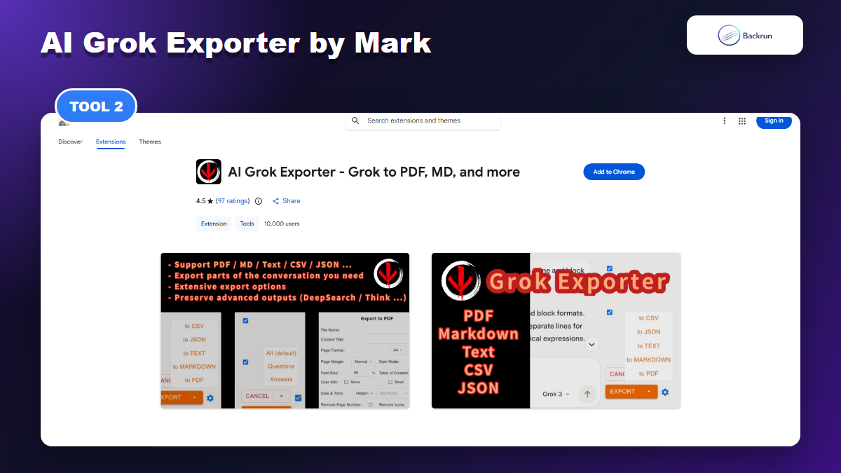 Chrome Web Store page for AI Grok Exporter by Mark