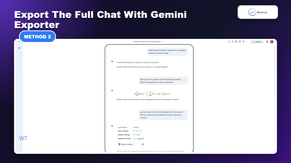 Gemini conversation with export extension controls for Word PDF and Google Docs
