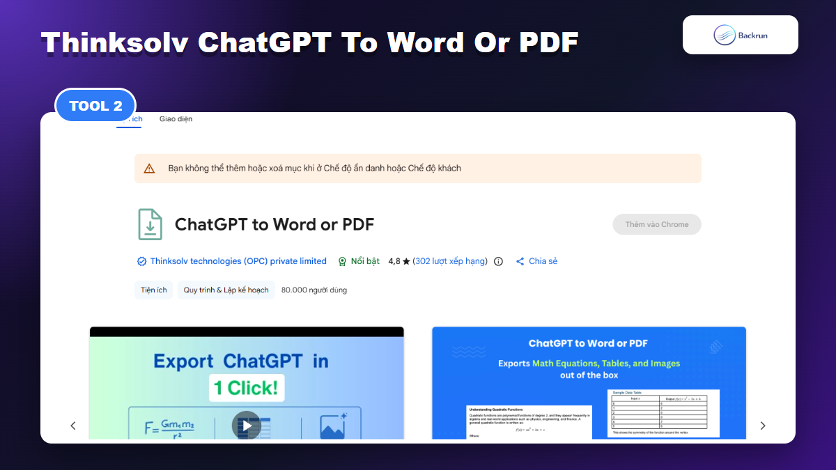 Chrome Web Store listing for Thinksolv ChatGPT to Word or PDF extension