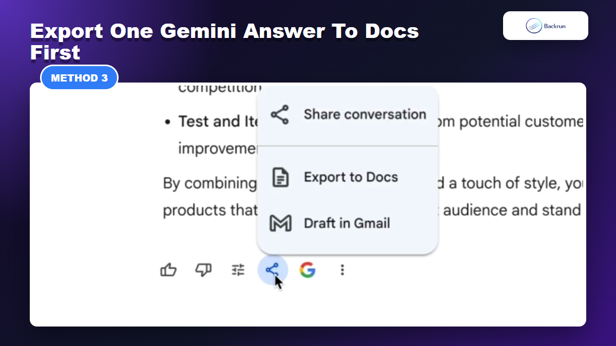 Gemini response menu showing Export to Docs option