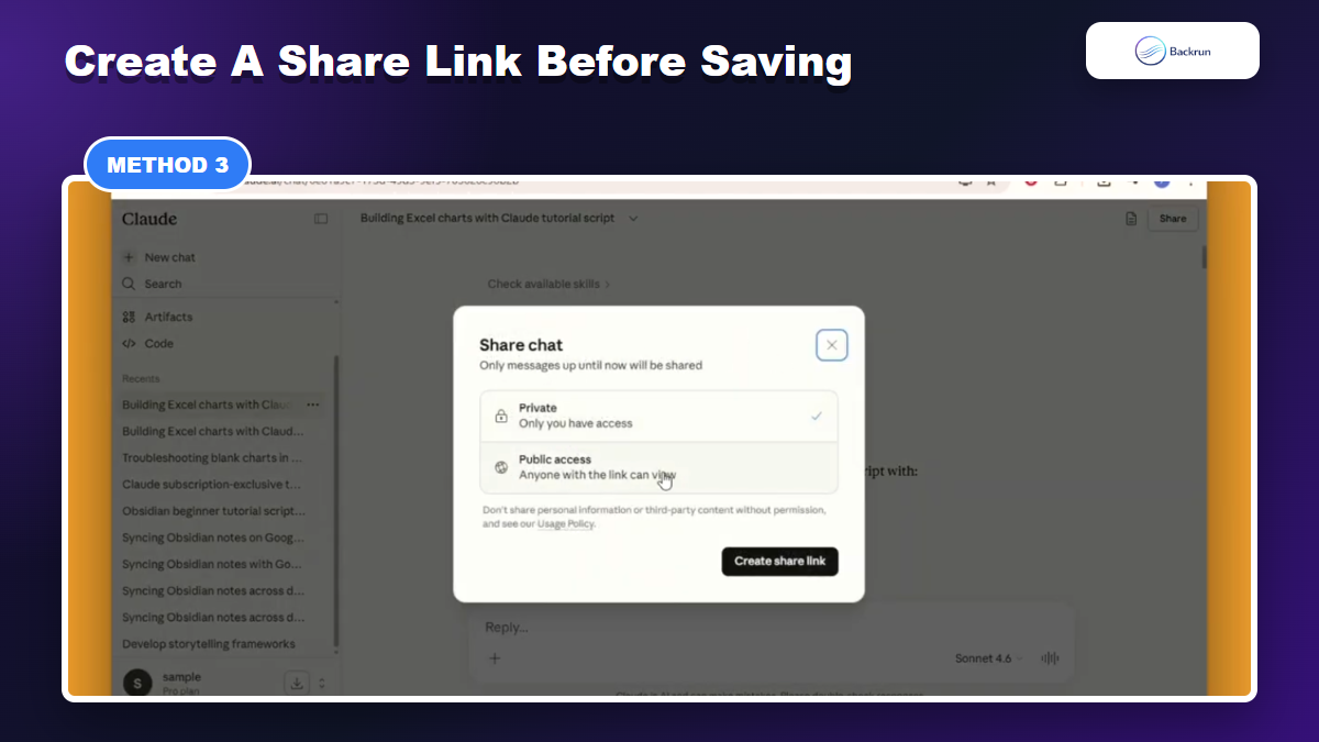 Claude share chat dialog with public access and create share link button