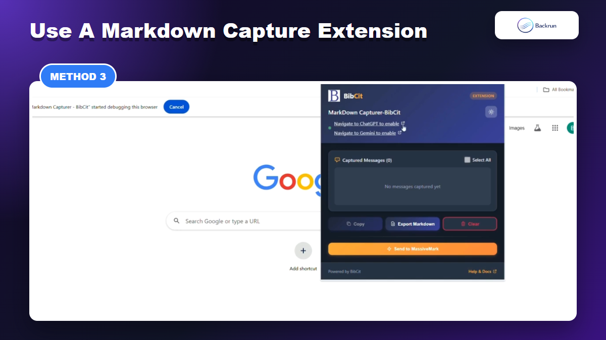 Browser extension panel showing an Export Markdown button for capturing Gemini content
