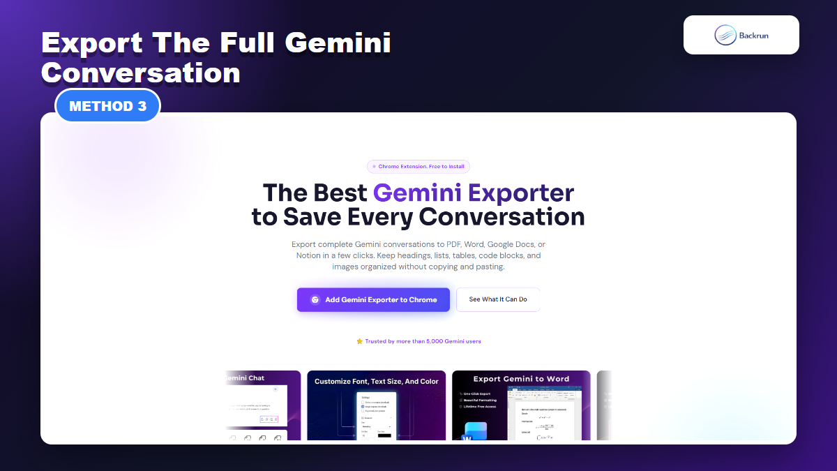 Backrun Gemini Exporter page showing export support for full Gemini conversations