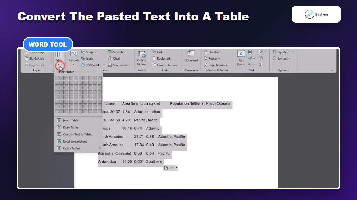 Microsoft Word Insert Table menu with Convert Text to Table option