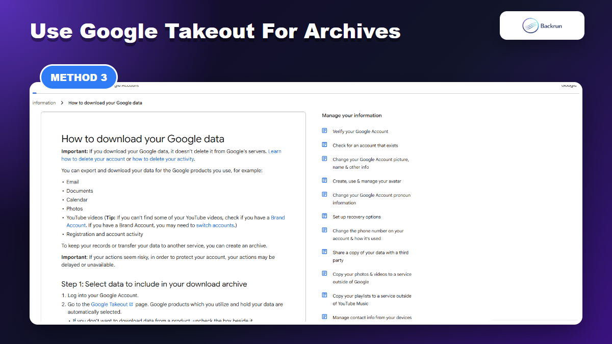 Google Account Help page explaining how to download Google data with Google Takeout
