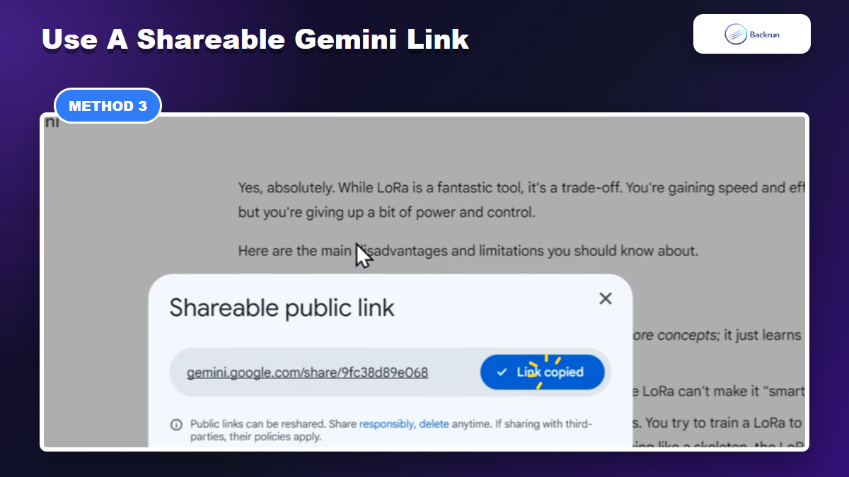 Gemini shareable public link dialog with copy link button
