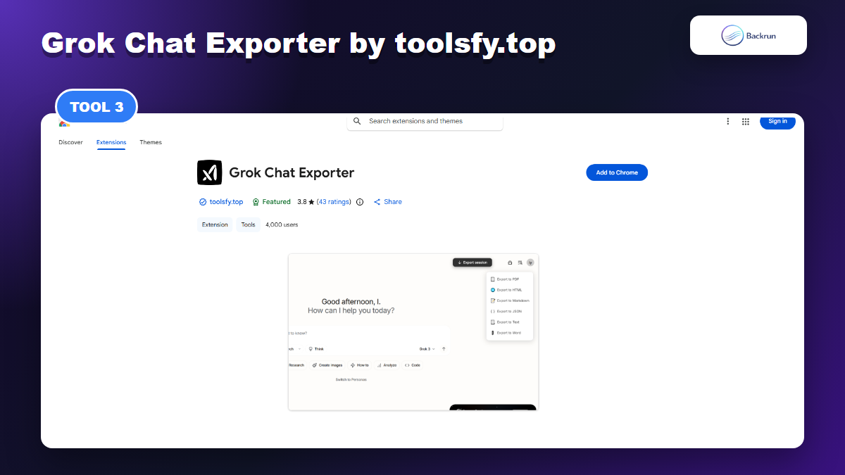Chrome Web Store page for Grok Chat Exporter by toolsfy.top