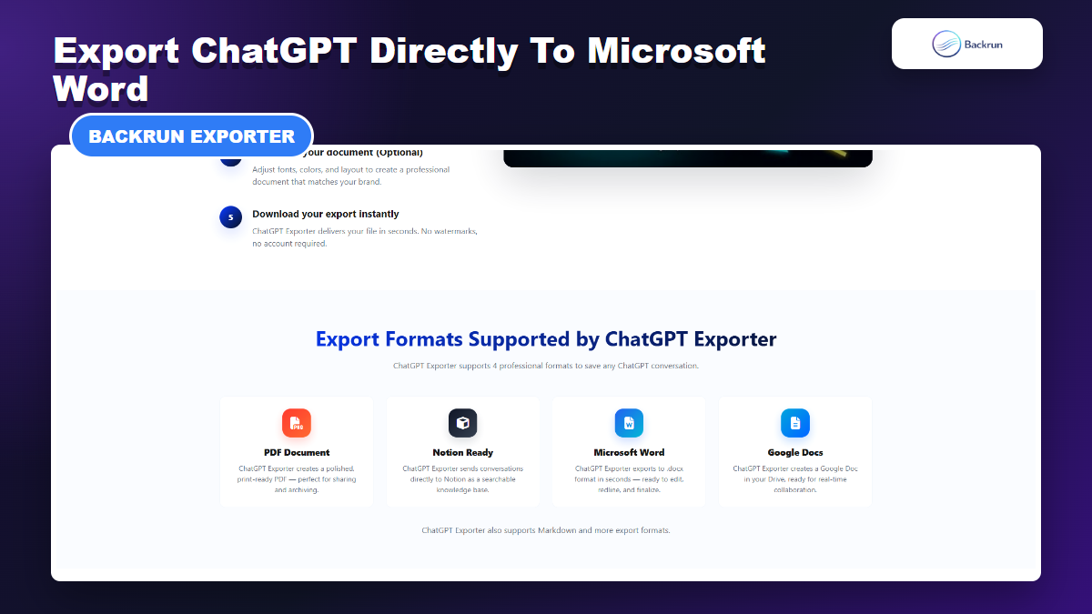 Backrun ChatGPT Exporter page showing Microsoft Word DOCX export support