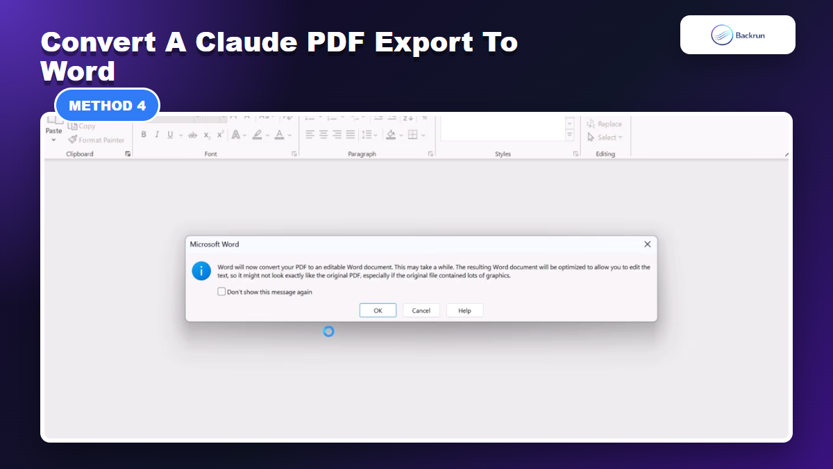 Microsoft Word dialog converting a PDF into an editable Word document