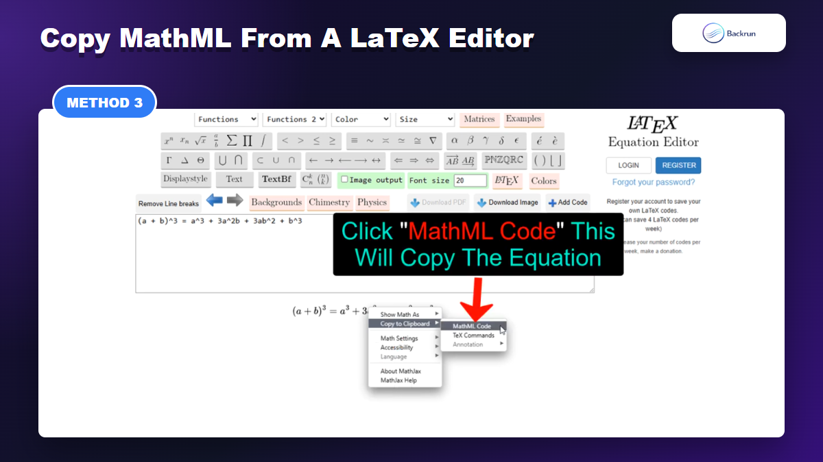 Online LaTeX editor menu used to copy an equation as MathML