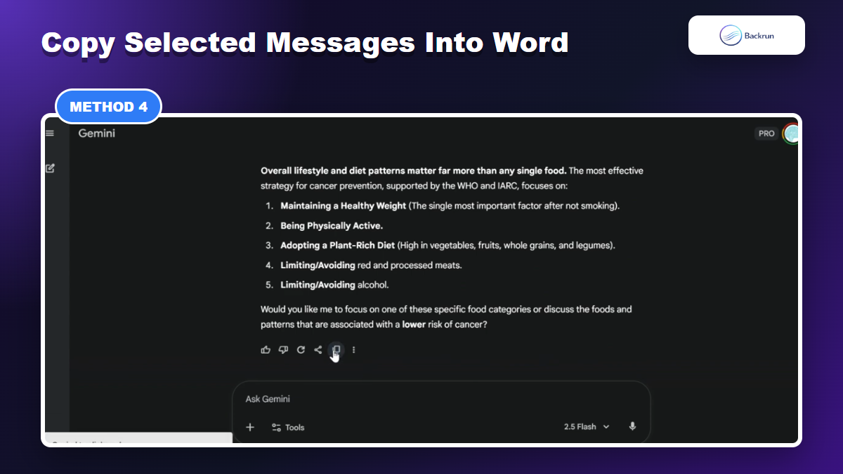 Gemini message selected and copied for manual paste into a document