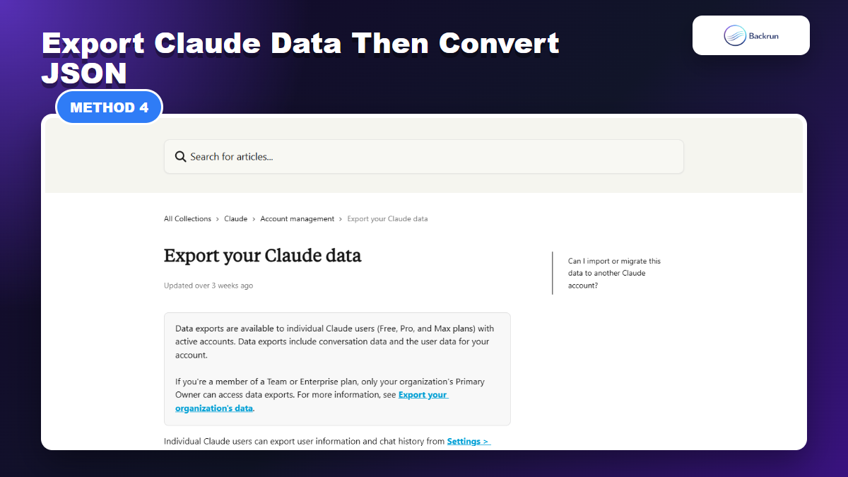 Claude Help Center page explaining how to export Claude data from Settings and Privacy
