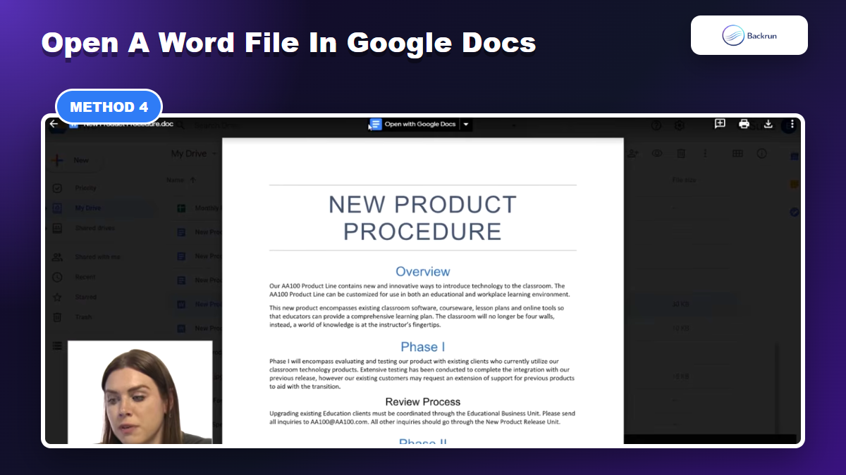 Google Drive preview of a Word document with Open with Google Docs selected