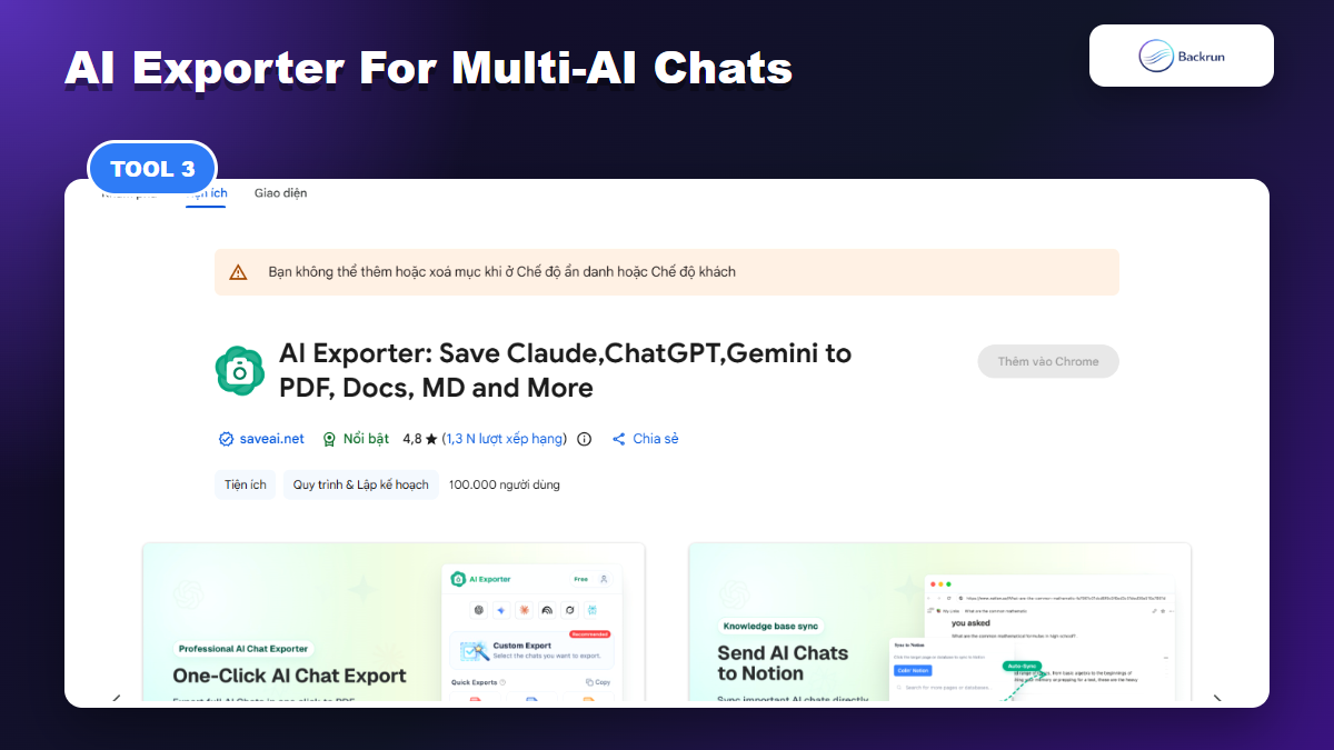 Chrome Web Store listing for AI Exporter supporting ChatGPT Claude Gemini and NotebookLM