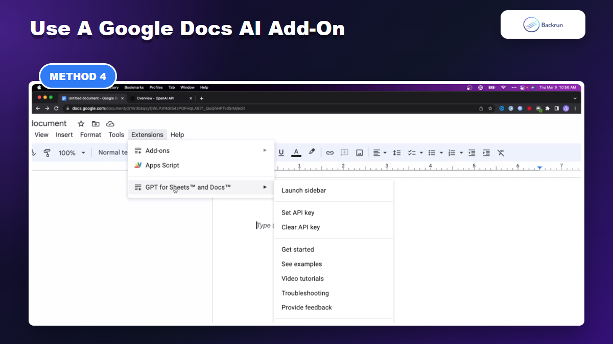 Google Docs extension menu with GPT for Sheets and Docs add-on
