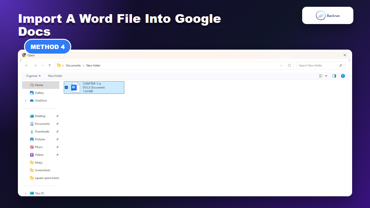 File picker selecting a Word document to open in Google Docs