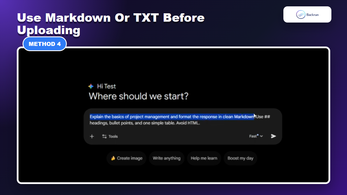 Gemini interface showing a prompt that asks for clean Markdown formatting