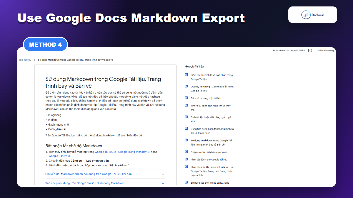 Google Docs Help page showing copy as Markdown and export a Google Doc as Markdown options