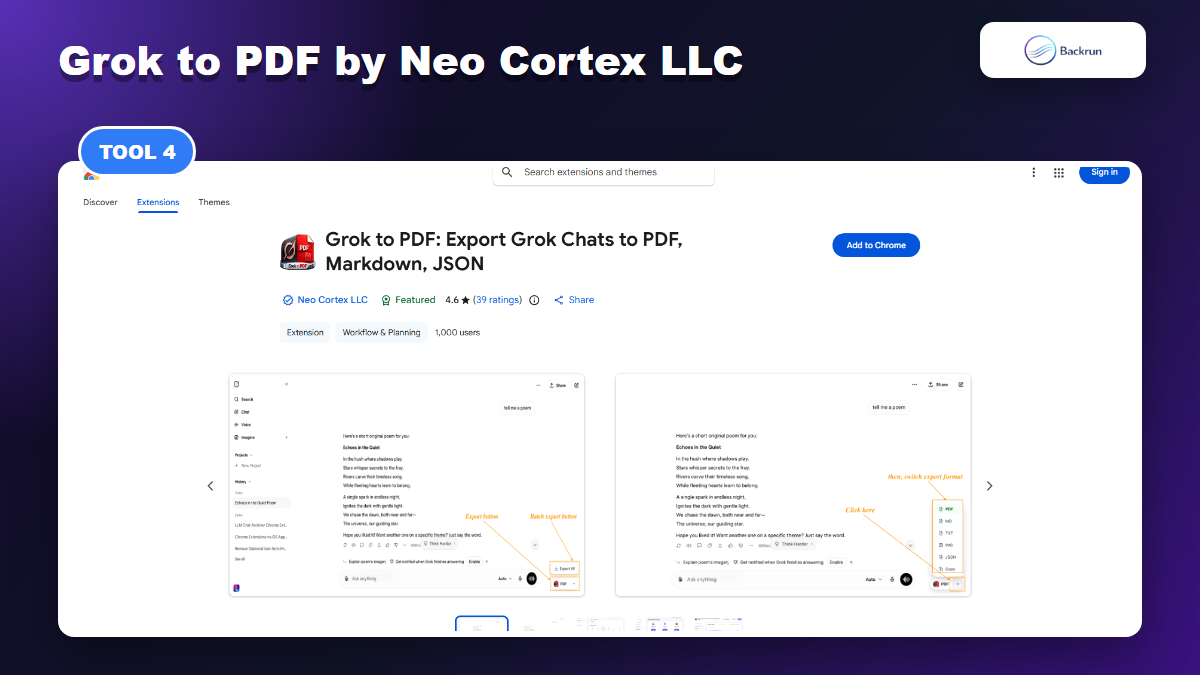 Chrome Web Store page for Grok to PDF by Neo Cortex LLC