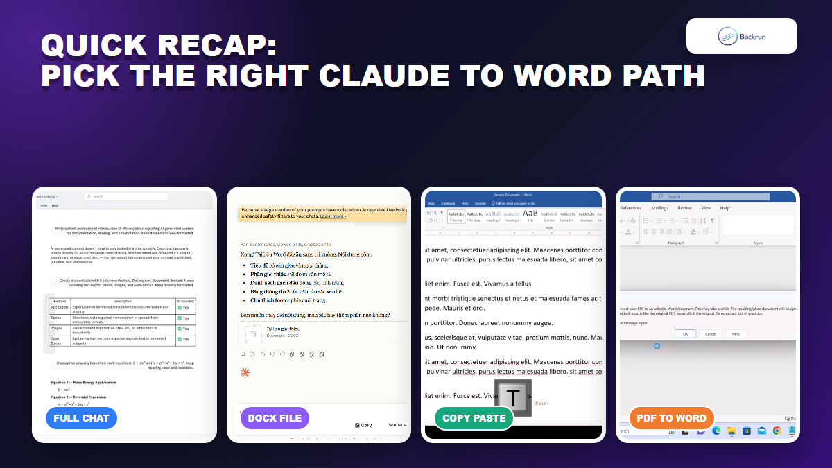 Backrun recap comparing four Claude to Word export workflows