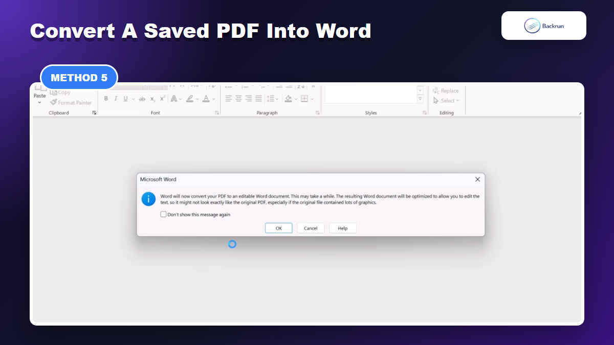 Microsoft Word dialog converting a PDF into an editable Word document