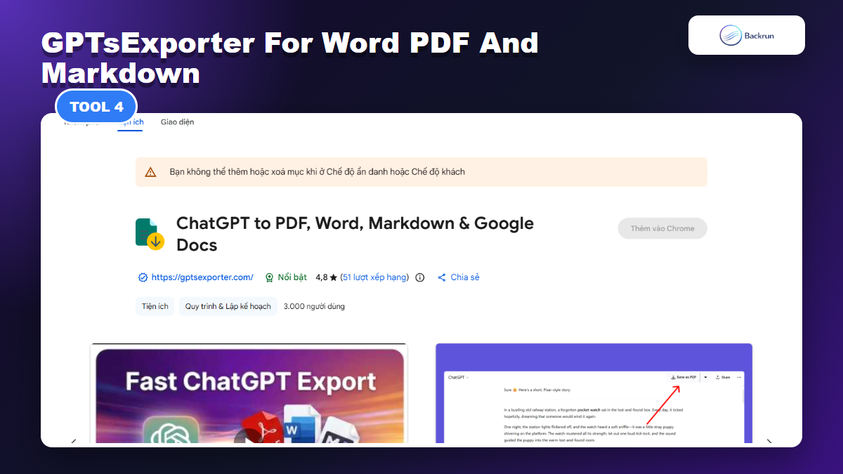 Chrome Web Store listing for ChatGPT to PDF Word Markdown and Google Docs by GPTsExporter