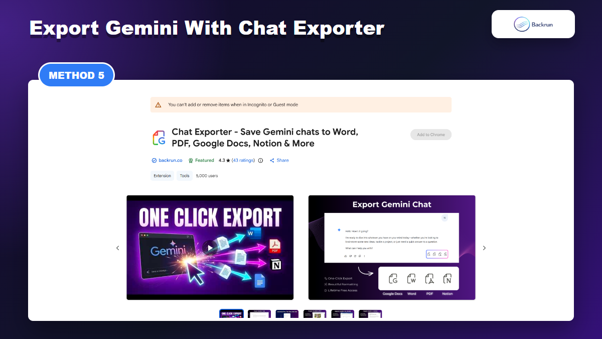 Chat Exporter Chrome Web Store page for exporting Gemini chats to PDF and Word